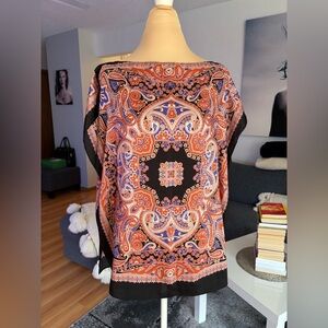 Zara Black Paisley-Print Boatneck Blouse with Orange & Blue Accents